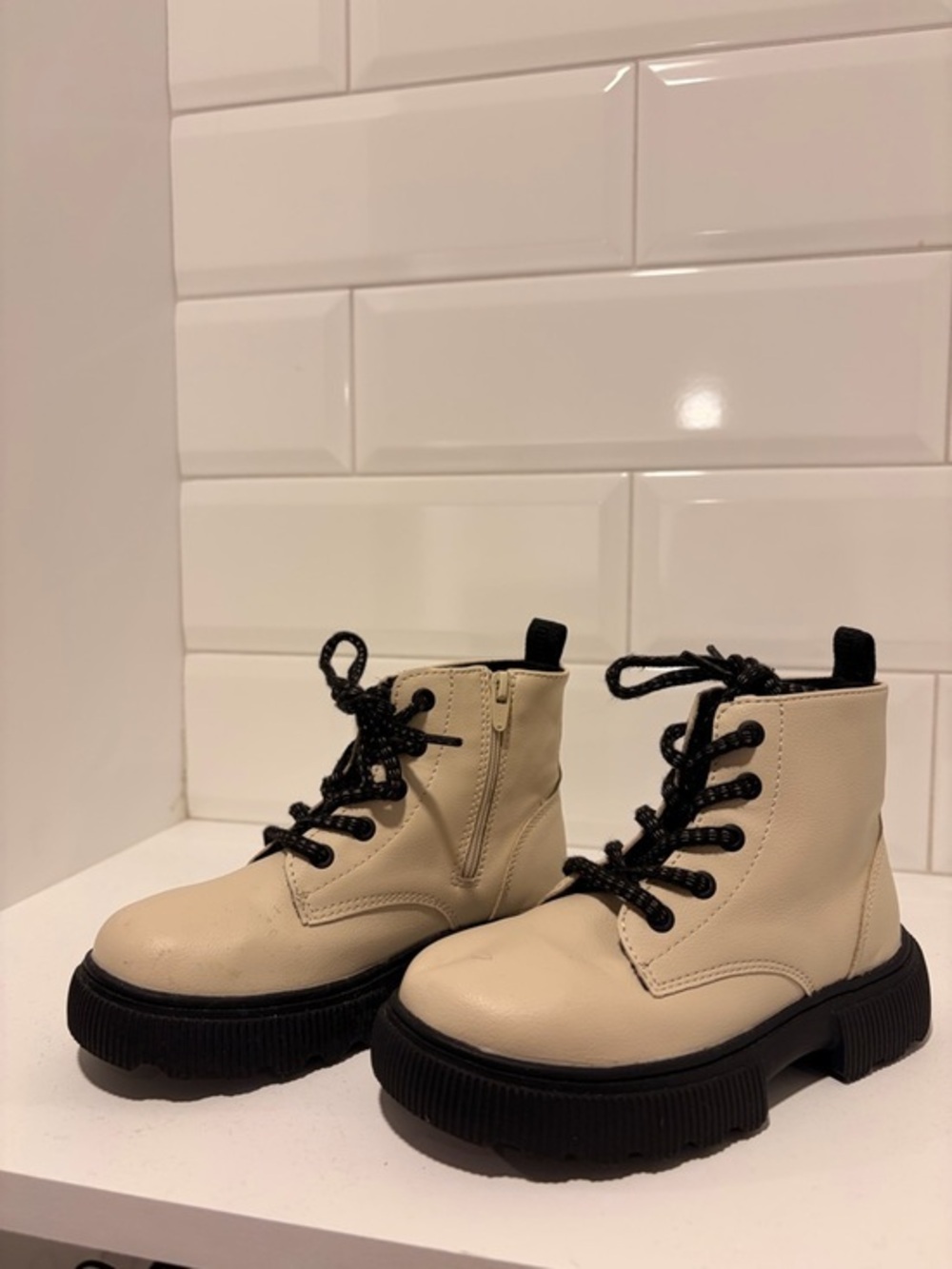 Zara Cream Combat Boots with Black Soles and Laces US 10 toddler
